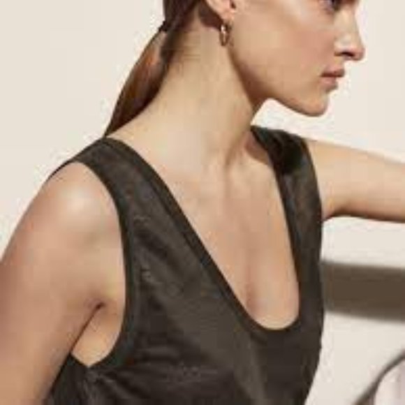 Massimo Dutti 100% Linen Sleeveless Top Oversized Coated Tee Pocket Khaki Green - Picture 4 of 15